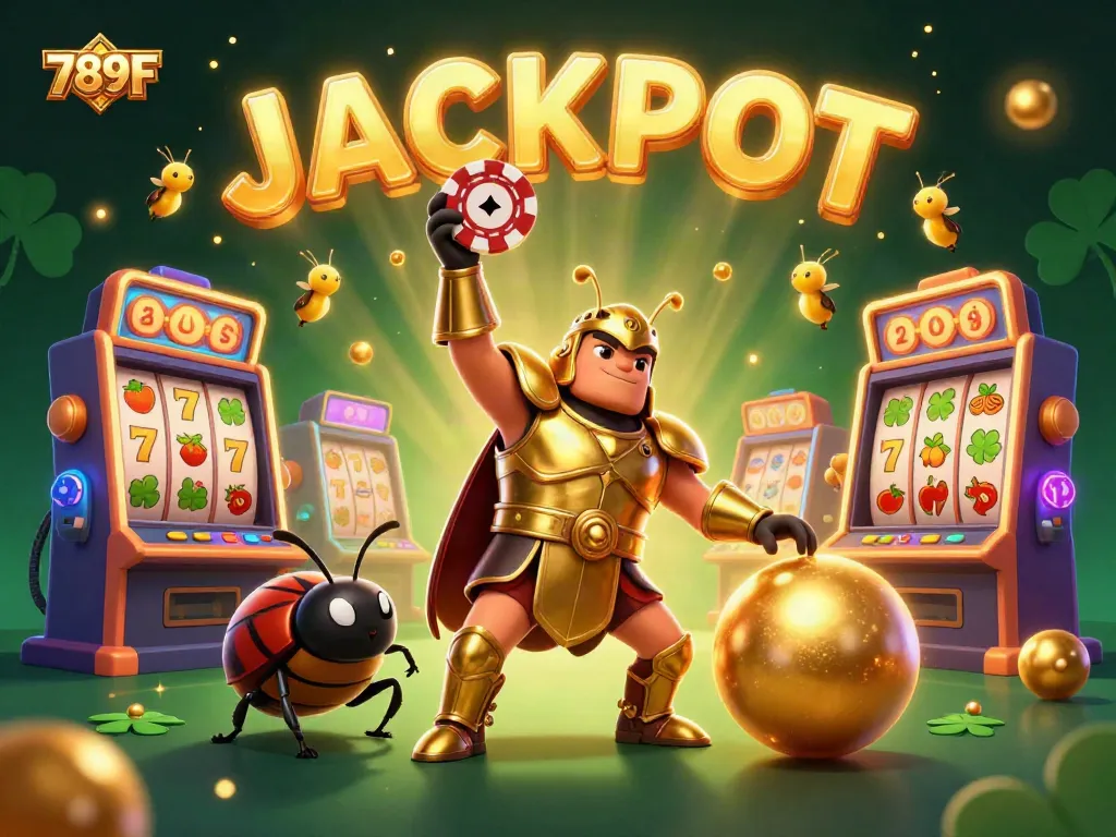 Engage in top-tier gaming experience with 789F, illustrated by a heroic beetle lifting a poker chip.