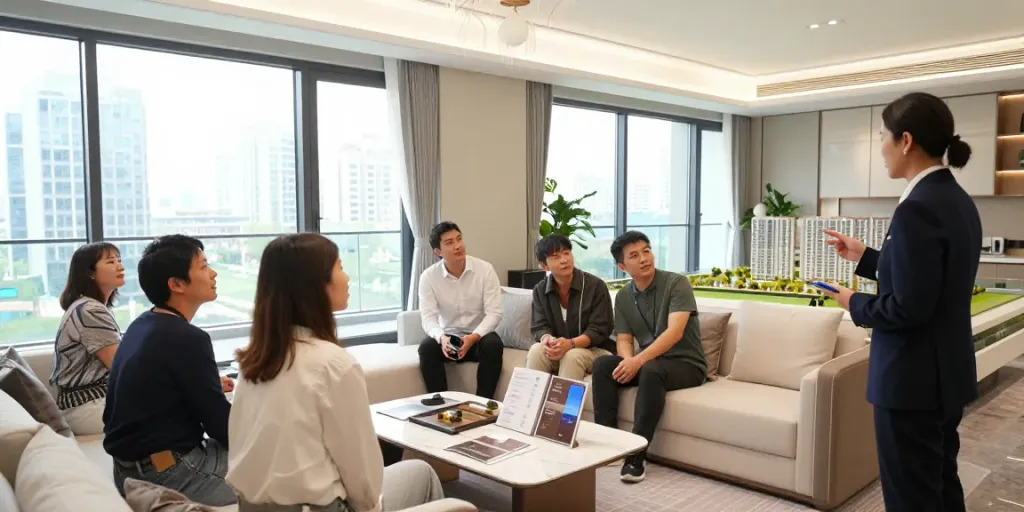 Explore a new launch condo with diverse buyers and a real estate agent, highlighting urban living features.
