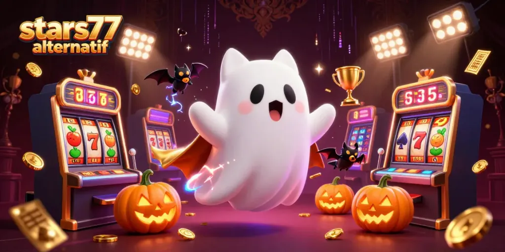 Menampilkan stars77 alternatif dengan kucing hantu dan elemen kasino, simbol slot berkilau.
