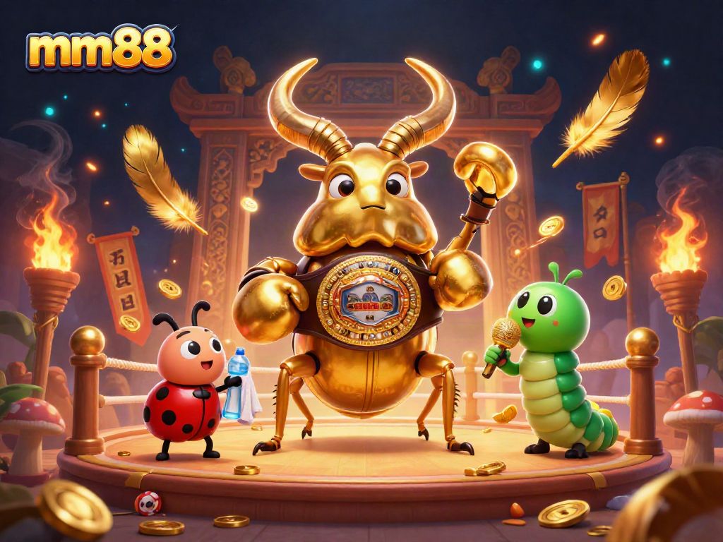 Engage in thrilling games with mm88, featuring a giant golden stag beetle as a boxing champion in a vibrant casino arena.