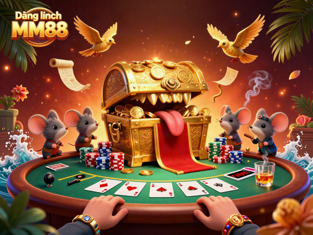 Engage in Đăng nhập MM88 with a dynamic scene of cartoon treasure chests, poker details, and vibrant casino elements.