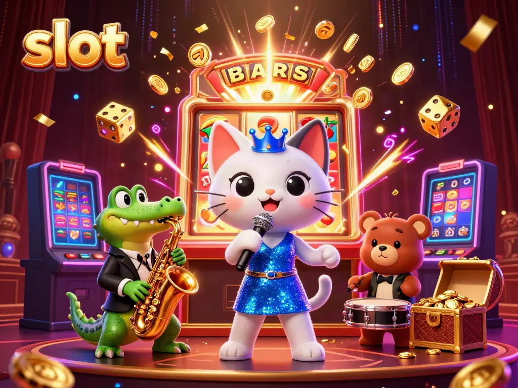 Experience excitement with slot jackpots in this vibrant 3D casino illustration featuring lively characters.