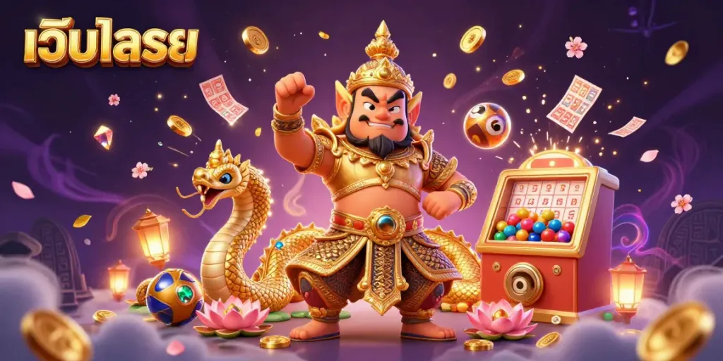 ซื้อหวยออนไลน์ที่เว็บหวย พร้อมตัวการ์ตูนไทยในฉากที่เต็มไปด้วยความสนุกสนานและผลหวยที่พลุ่งพล่าน
