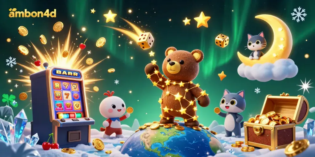 Play exciting casino games with ambon4d, as a golden constellation bear scoops coins, surrounded by slots and treasures.