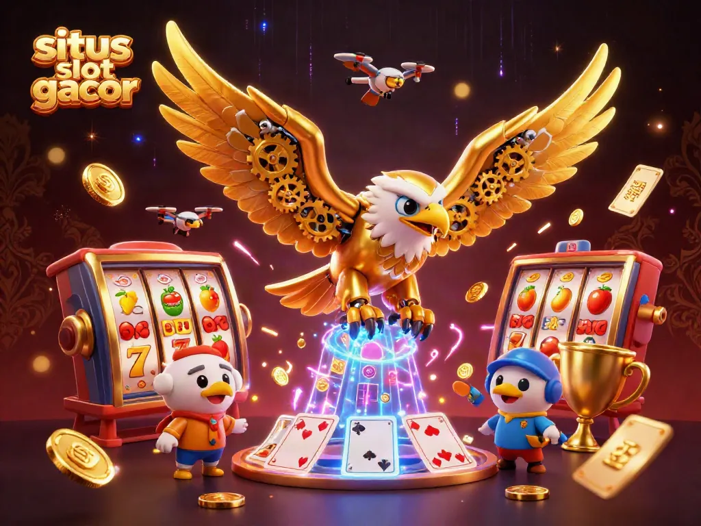 Engage with situs slot gacor through dynamic scene of a golden eagle amidst vibrant casino elements.
