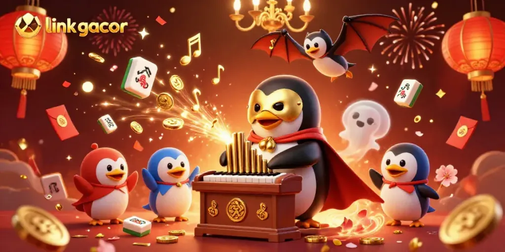 Engage with link gacor through a vibrant casino scene featuring a penguin playing music and golden coins raining down.