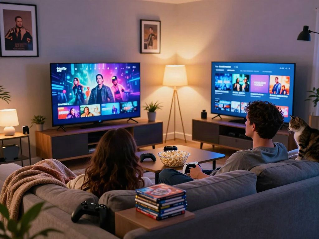 Couple enjoying streaming movies on cocoflix in a cozy living room