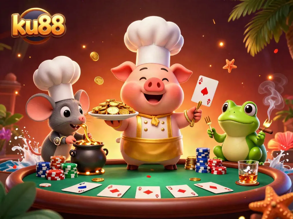 Join the excitement at ku88 as our pig chef serves gold coins amidst a vibrant casino scene.