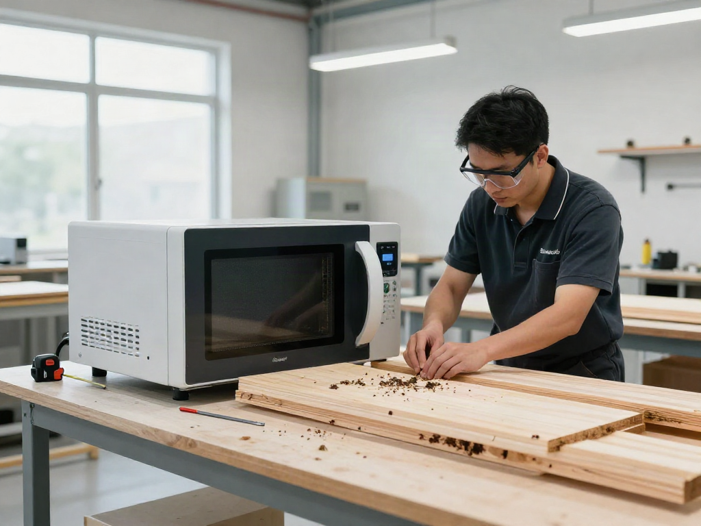 Shashel® microwave technology in a workshop, technician eliminating wood-boring insects.