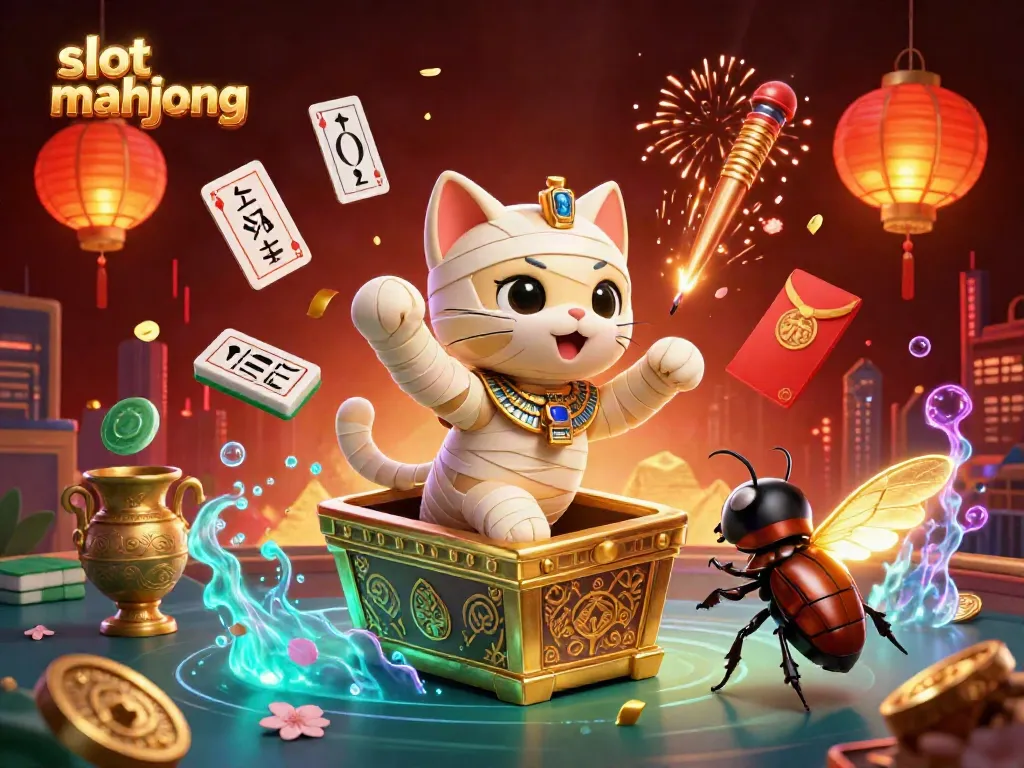 Experience the thrill of slot mahjong with a cartoon mummy and glowing elements in a vibrant casino setting.
