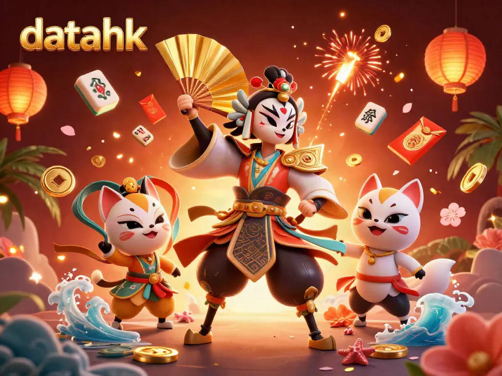 Menggambarkan data hk dalam ilustrasi 3D dengan pejuang kabuki dan elemen kasino, menggambarkan suasana keberuntungan.