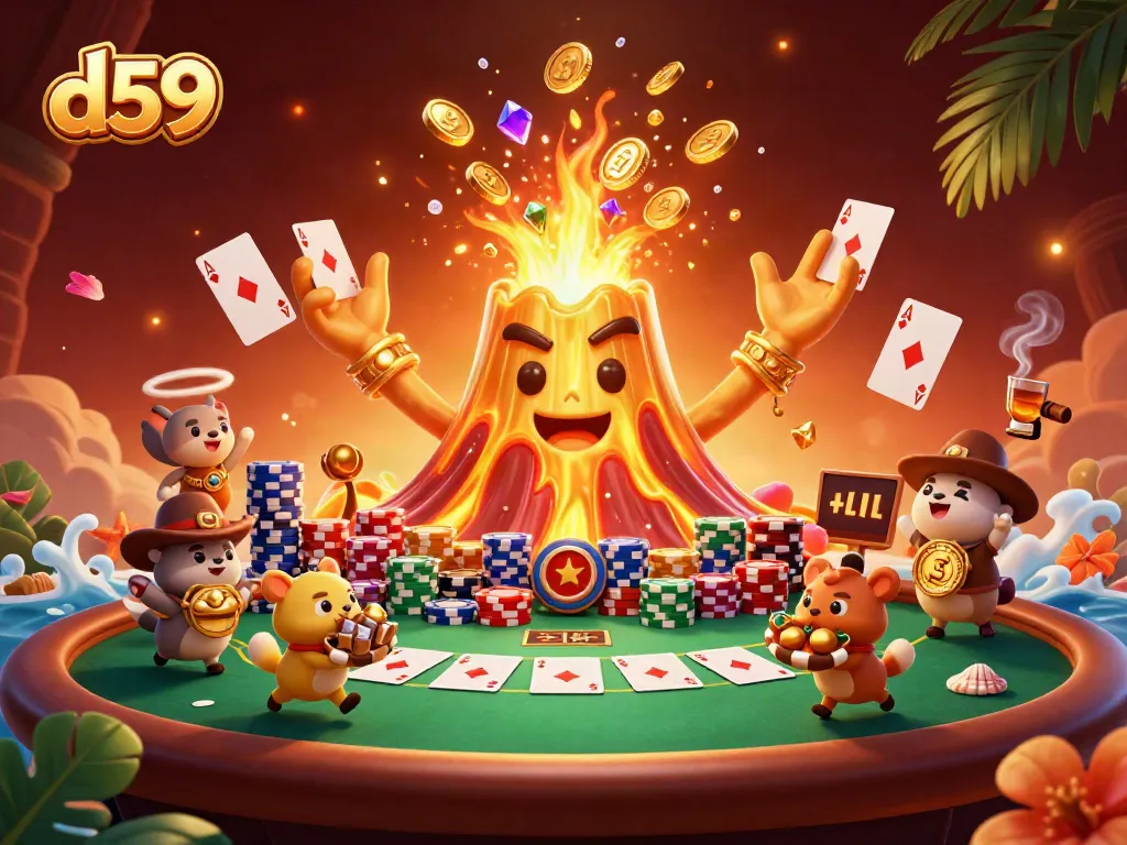 Experience the thrill of gaming at d59 with a golden volcano erupting coins amidst vibrant casino elements.