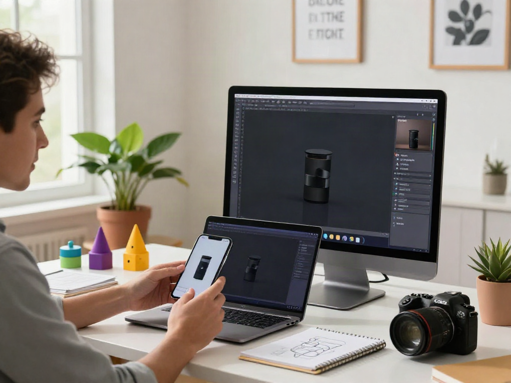 AI product photo generation workspace using Amazon product photo generator with laptop and creative products.