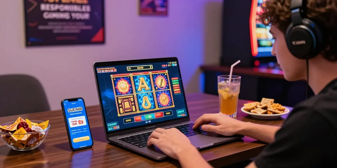 Engaging player enjoying situs slot games in a vibrant online gaming setup.