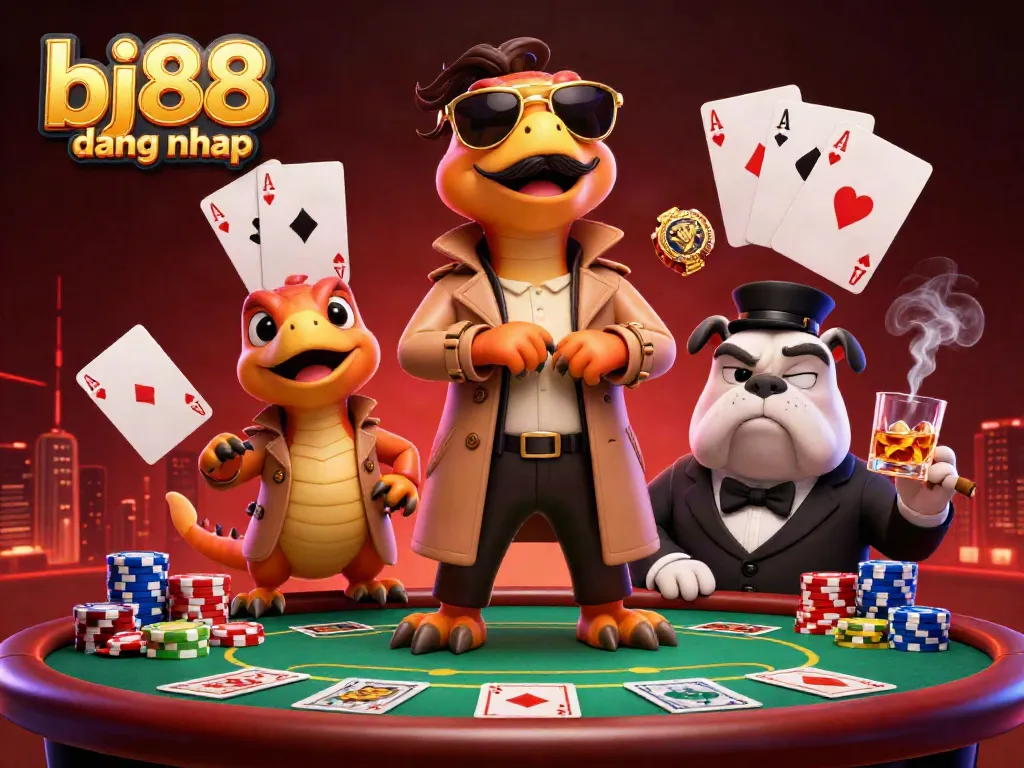 Experience the excitement of bj88 dang nhap with raptors in a trench coat attempting to enter a casino.