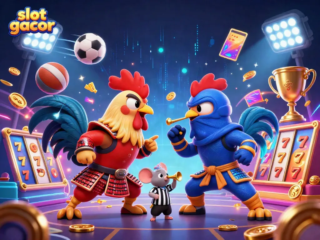 Experience the thrill of slot gacor with dynamic 3D roosters in dramatic gaming action.