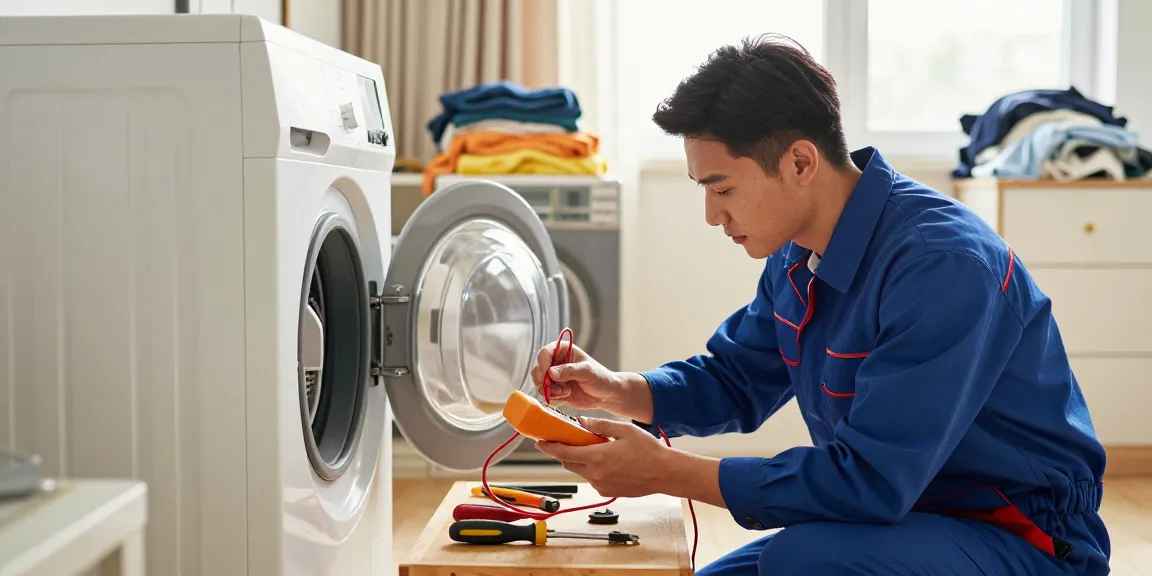 Expert dryer repair service in a residential laundry room with a technician diagnosing issues