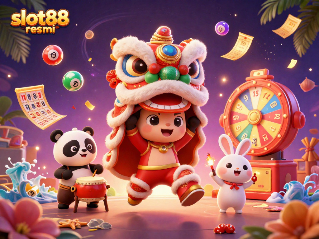 Experience the excitement of slot88 resmi with this vibrant scene featuring lively characters and dynamic casino elements.