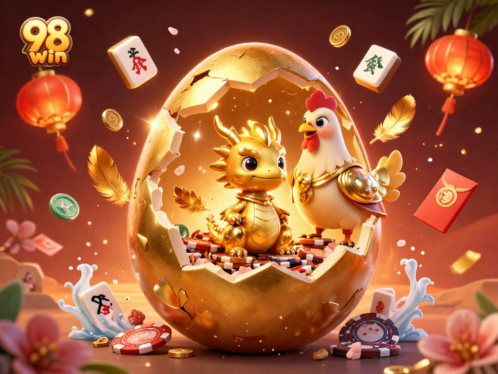 Experience thrilling wins with the vibrant scene featuring 98 win and golden dragon treasures amidst lively gaming elements.