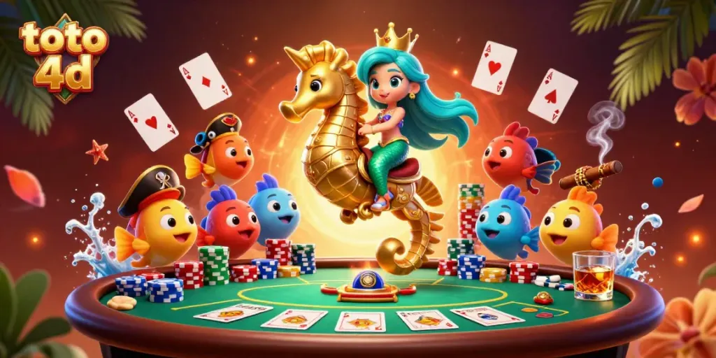 Experience the magic of toto 4d with a vibrant mermaid princess and dynamic poker elements in a rich undersea setting.
