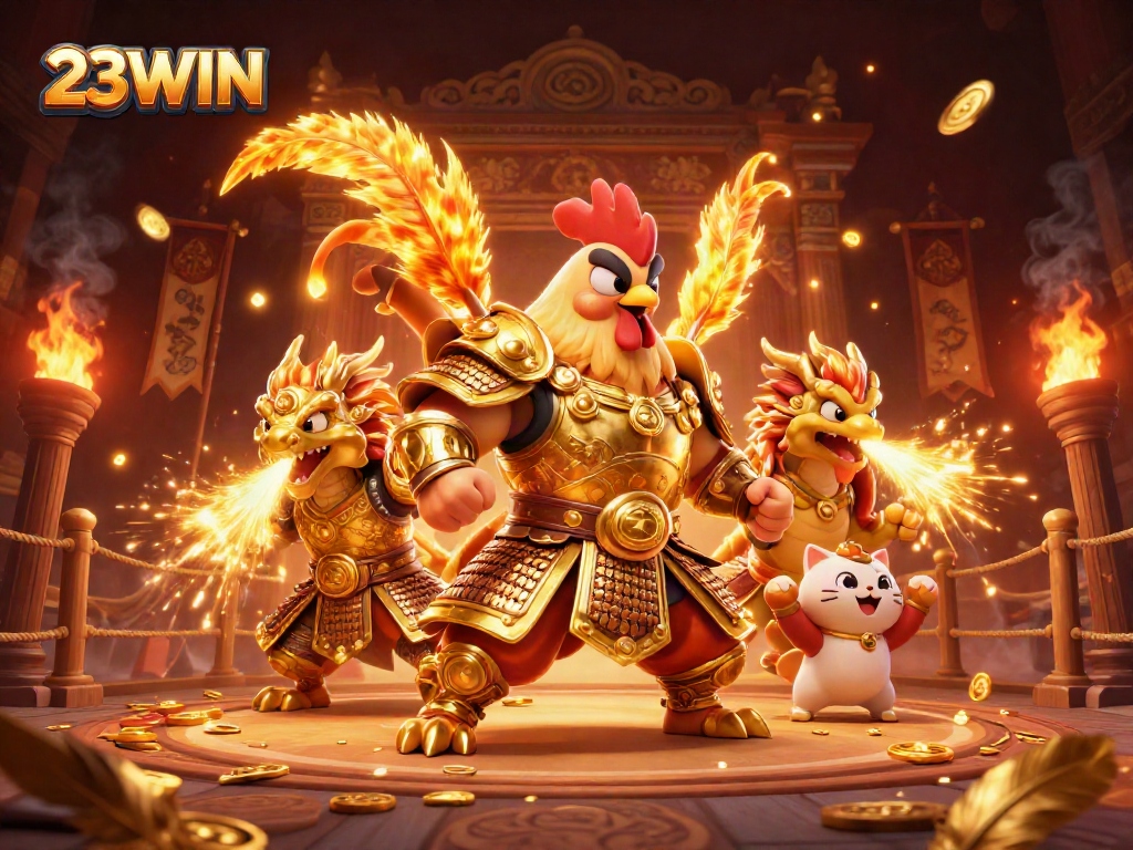 Engage with 23WIN's immersive casino action in a dynamic 3D illustration featuring warrior characters.