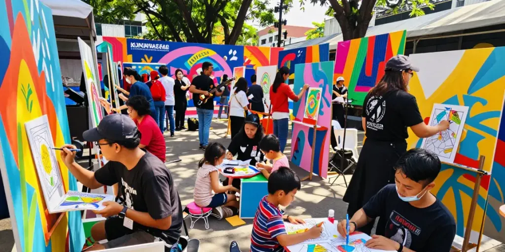 Colorful community art festival scene with freecoloringsheets.net activities in Jakarta.