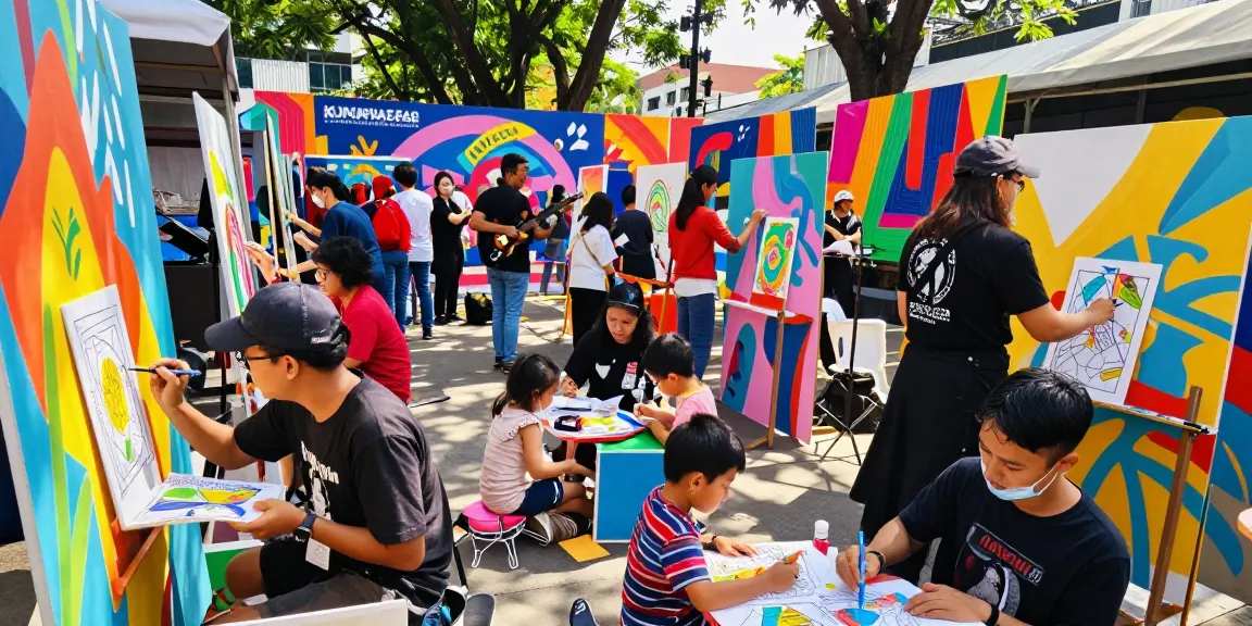 Colorful community art festival scene with freecoloringsheets.net activities in Jakarta.