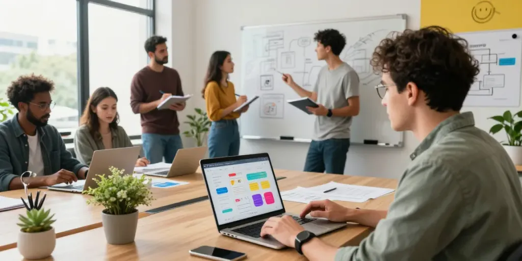 MVP development service team collaborating in a modern workspace with UI prototypes and whiteboards.