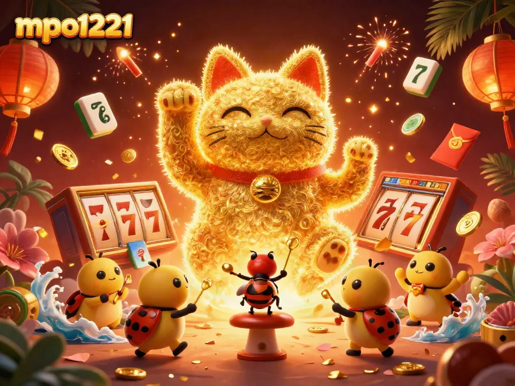 Experience excitement with mpo1221 as golden fireflies and a lucky cat symbolize a dynamic casino world.