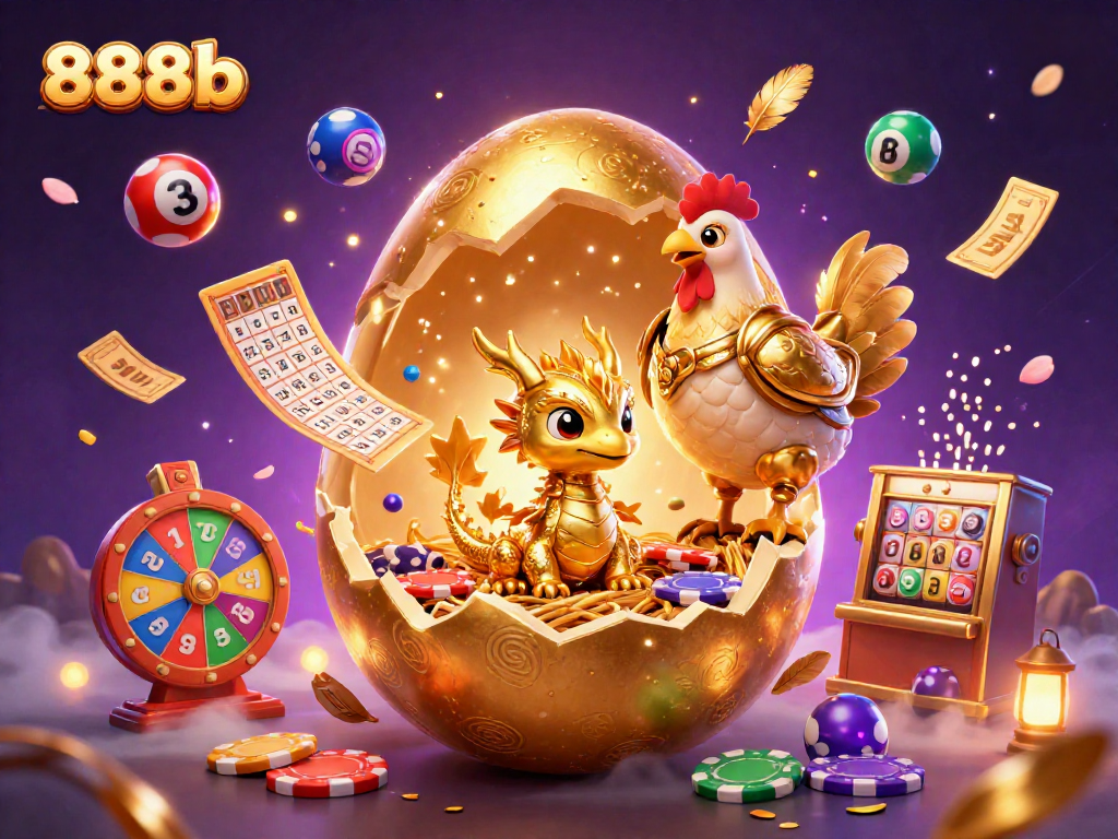 Experience thrilling wins with 888b's vibrant lottery scene featuring golden dragons and dynamic game elements.
