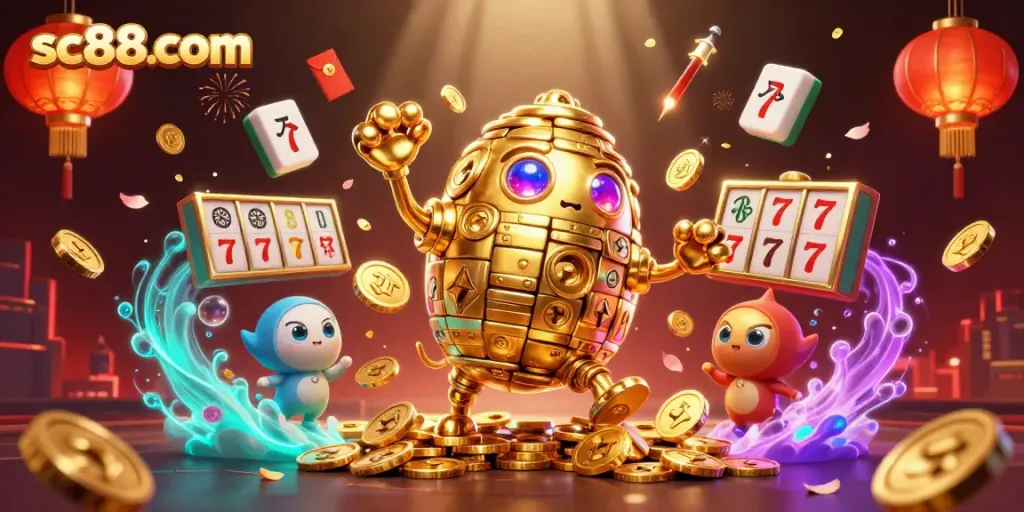 Engage with the vibrant sc88com casino experience featuring a golden golem and slot symbols.