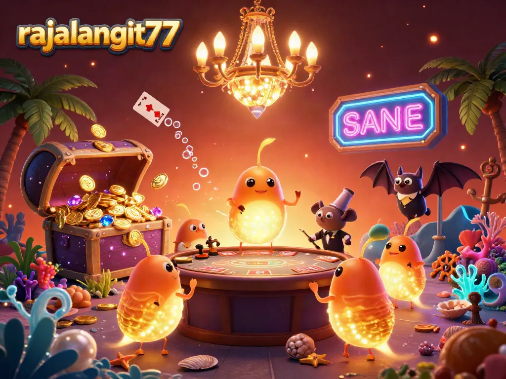 Engage with rajalangit77 at a glowing casino illuminated by animated glowworms and vibrant treasures.