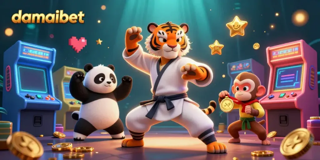 Damaibet offers an engaging 3D scene with characters celebrating gaming, enhancing your casino experience.