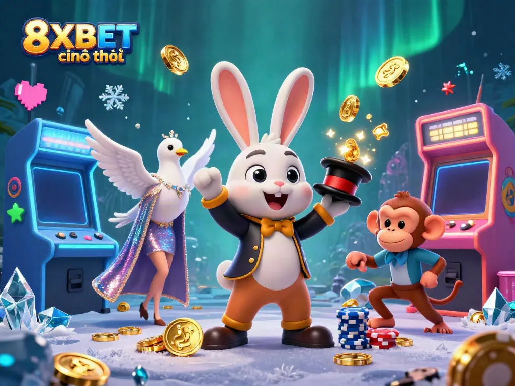 Experience the magic of 8XBET chính thức with a whimsical illustration showcasing an enchanting rabbit and clever characters.