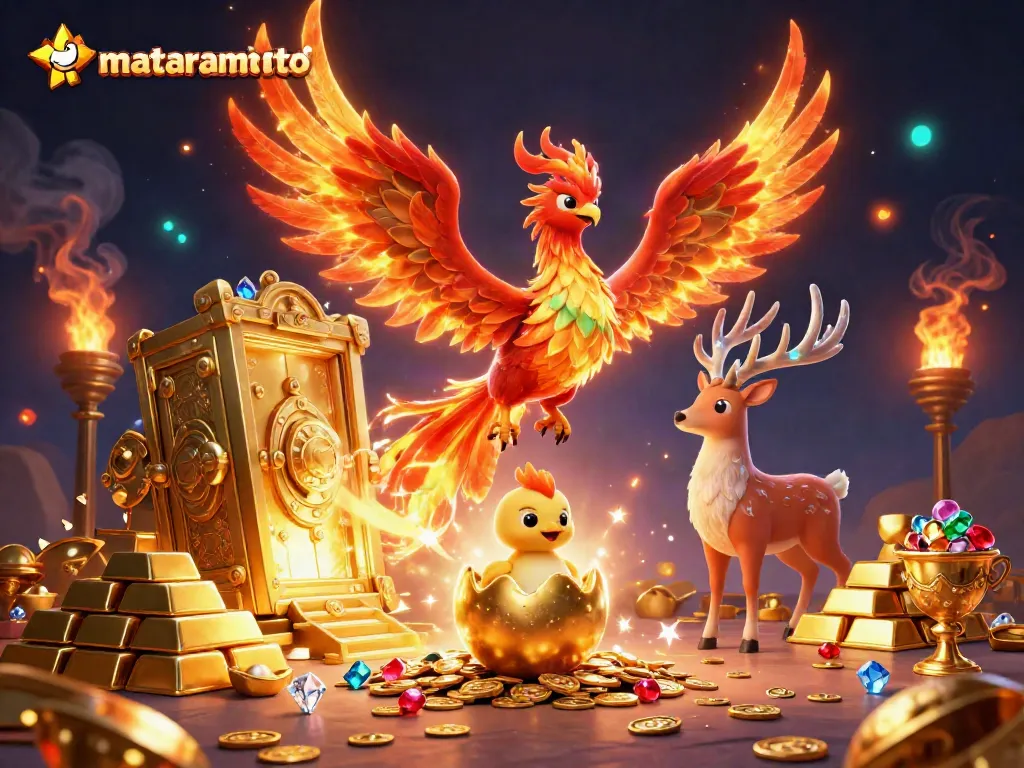 Engage with exciting wins at mataramtoto, featuring a fiery phoenix soaring amidst golden treasures and a baby phoenix hatching.