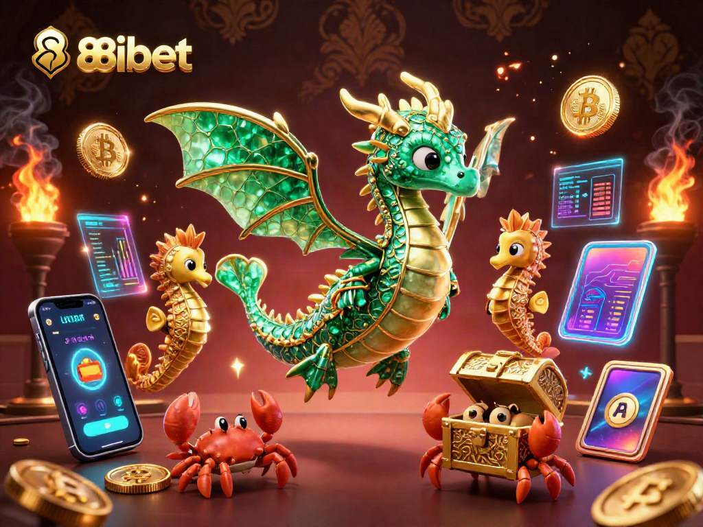Experience the vibrant world of 88ibet with a mesmerizing sea dragon guarding treasures among crypto elements.