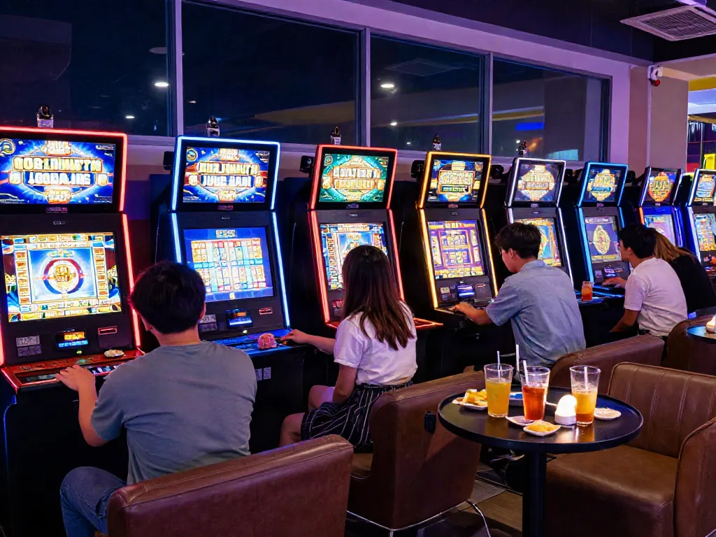 Group of friends enjoying slot gaming experience in a colorful lounge.