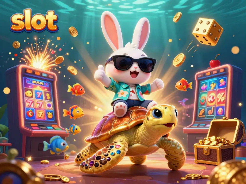 Experience the thrill of slot games with this vibrant illustration featuring a lucky rabbit and golden turtle.