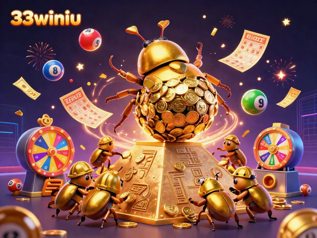 Join the excitement at 33winiu with a dynamic illustration of a golden dung beetle and lottery elements.