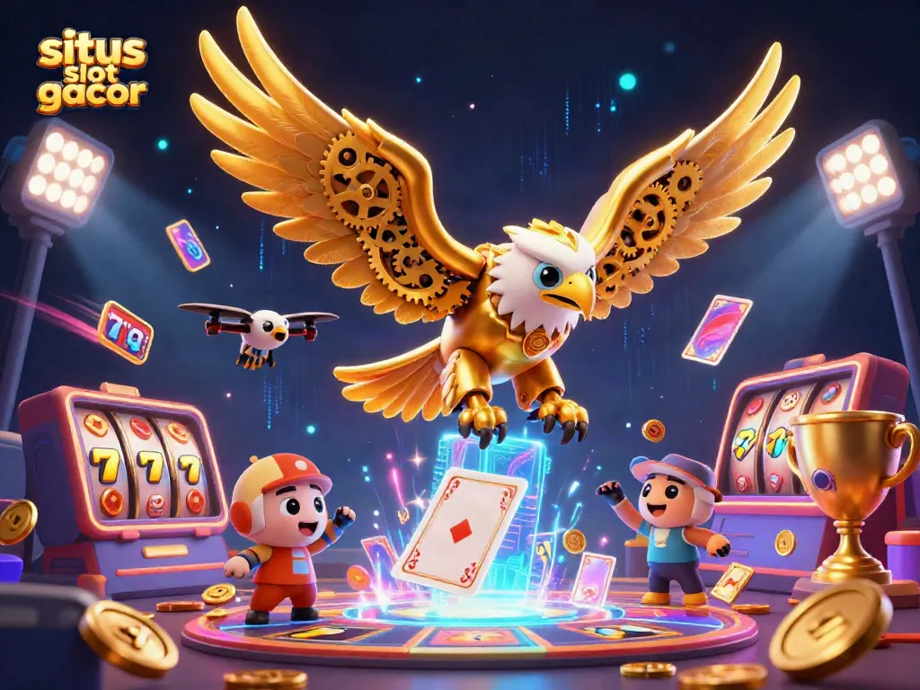 Menangkan hadiah di situs slot gacor dengan ilustrasi slot bergaya 3D yang penuh aksi dan detail emas.