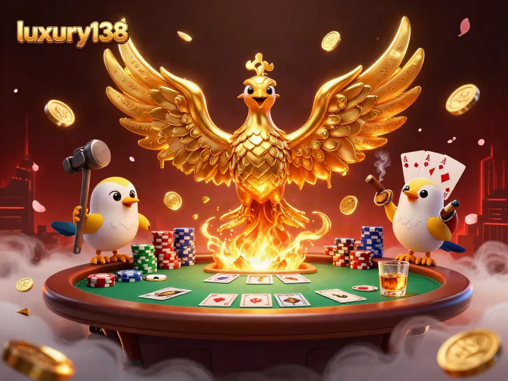luxury138 membawa keberuntungan dengan burung phoenix emas yang menyala dan permainan poker yang seru.