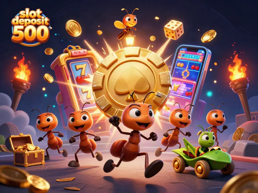 Experience the excitement of slot deposit 500 with a whimsical scene of ants heisting a giant golden poker chip.