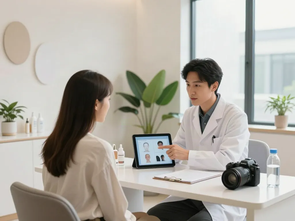 Buy Innotox consultation scene in a modern beauty clinic with a dermatologist and client.