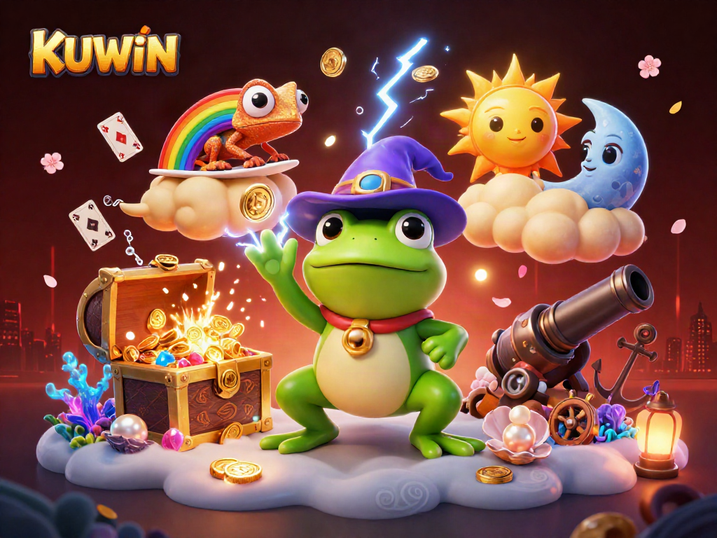 KUWIN engages players with vibrant casino chaos as a storm of coins rains down.