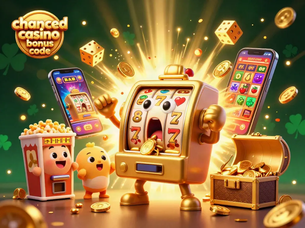 Exciting scene featuring chanced casino bonus code and a golden slot machine celebrating a jackpot, surrounded by joyful mini slots.