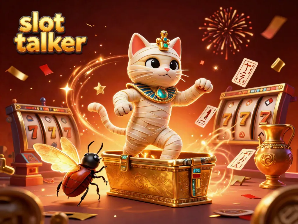 Engage with entertaining slot talker illustrations showcasing an Egyptian mummy cat and lucky symbols in a vibrant casino.
