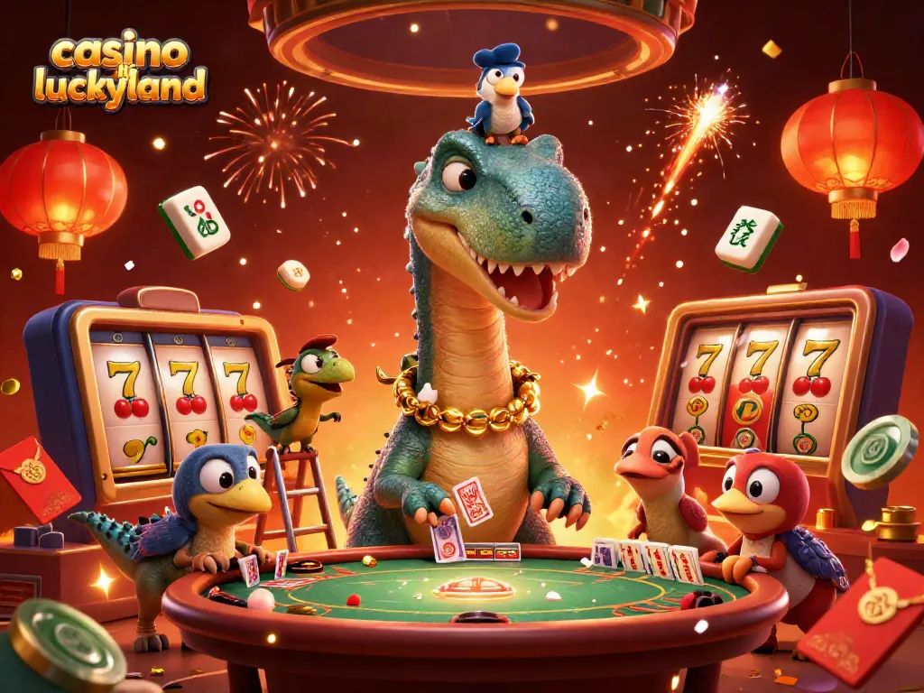 Spin and win at a casino like LuckyLand featuring vibrant characters and festive elements.
