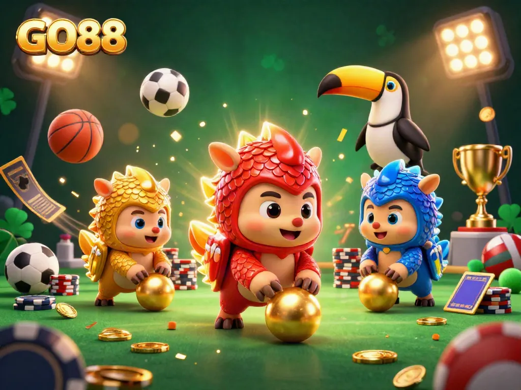 Experience GO88 with rival pangolins playing through poker chips in an engaging casino scene
