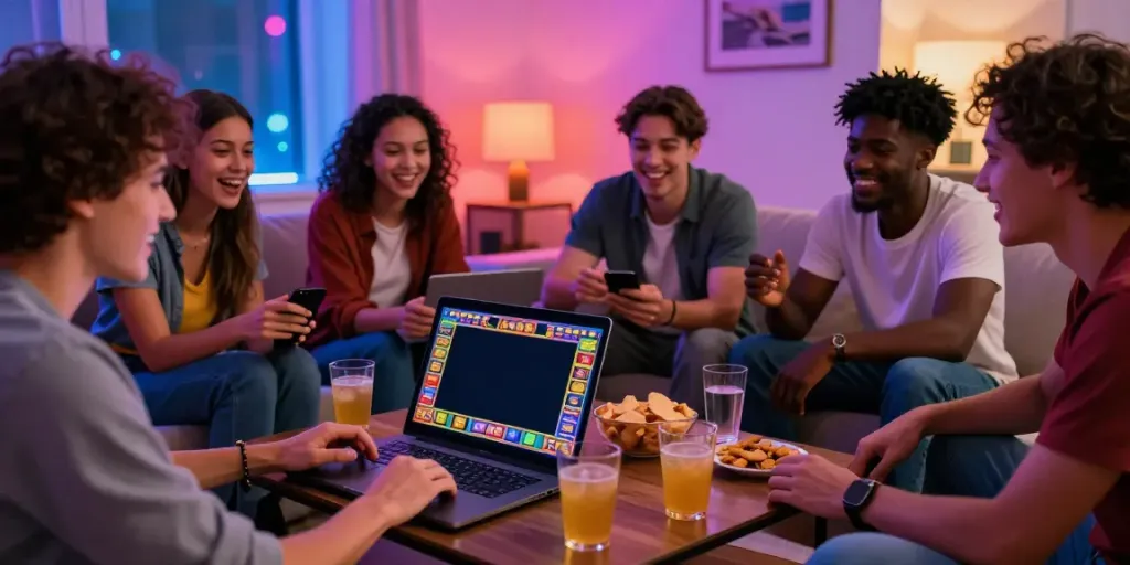 Friends enjoying the Vegas88 online slot game in a vibrant living room, creating an exciting gaming atmosphere.