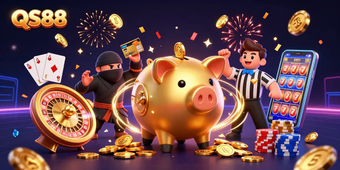 Experience thrilling moments with QS88 in this vibrant 3D illustration of casino action.